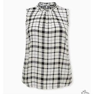 Torrid black and ivory plaid twill ruffle mock neck tank